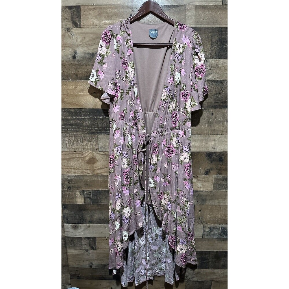 Arula C Mauve Floral High Low Short Sleeve Flowy Ruffle Tie Waist 3X